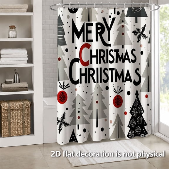 Hoease Black White Red Christmas Tree Holiday Shower Curtain, 71W x 71L Inch Waterproof Fabric Bathroom Curtain with 12 Hooks, Xmas Festive Bath Decor