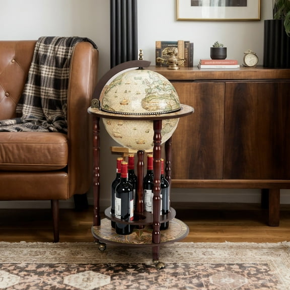 Resenkos 17 Inch Italian Style Design Wooden Globe Liquor Bottle Wine Rack with Wheels, Wine Storage Racks, Bar Cabinet, for Kitchen Dining Room