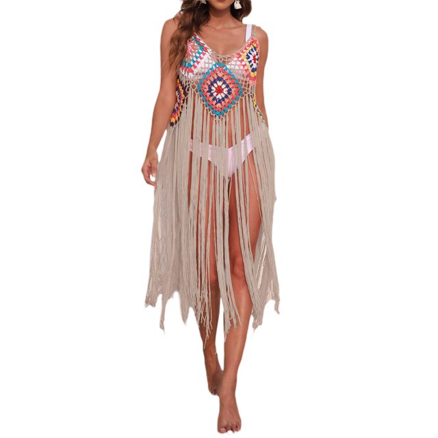 VISgogo - Bikini para mujer, sin mangas, para playa, con borlas caladas, vestido de verano VISgogo moda