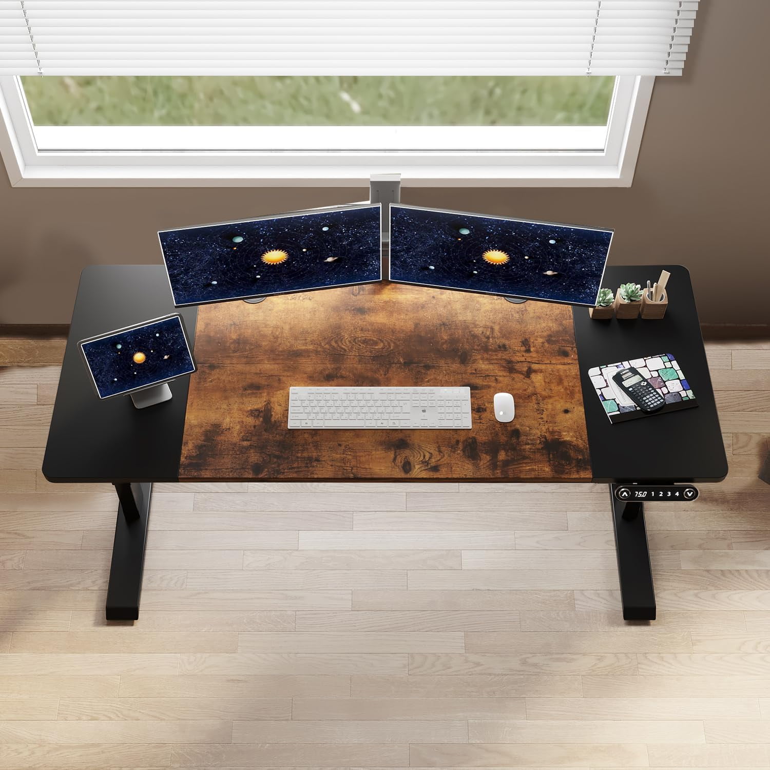 Height Adjustable Standing Desk,55 x 24 Inches Electric Standing Desk with Memory Controller, Sit Stand Home Office Table with Splice Board, Black Frame&Black+Rustic Brown Top