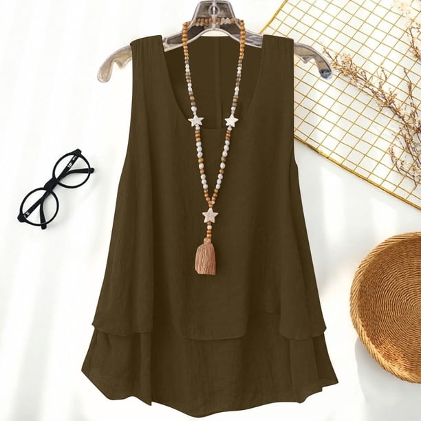 TaTaai Linen Style Double Layer Top, Women's Sleeveless Strappy Design, Solid Color Casual T-Shirt for Warm Weather Gift
