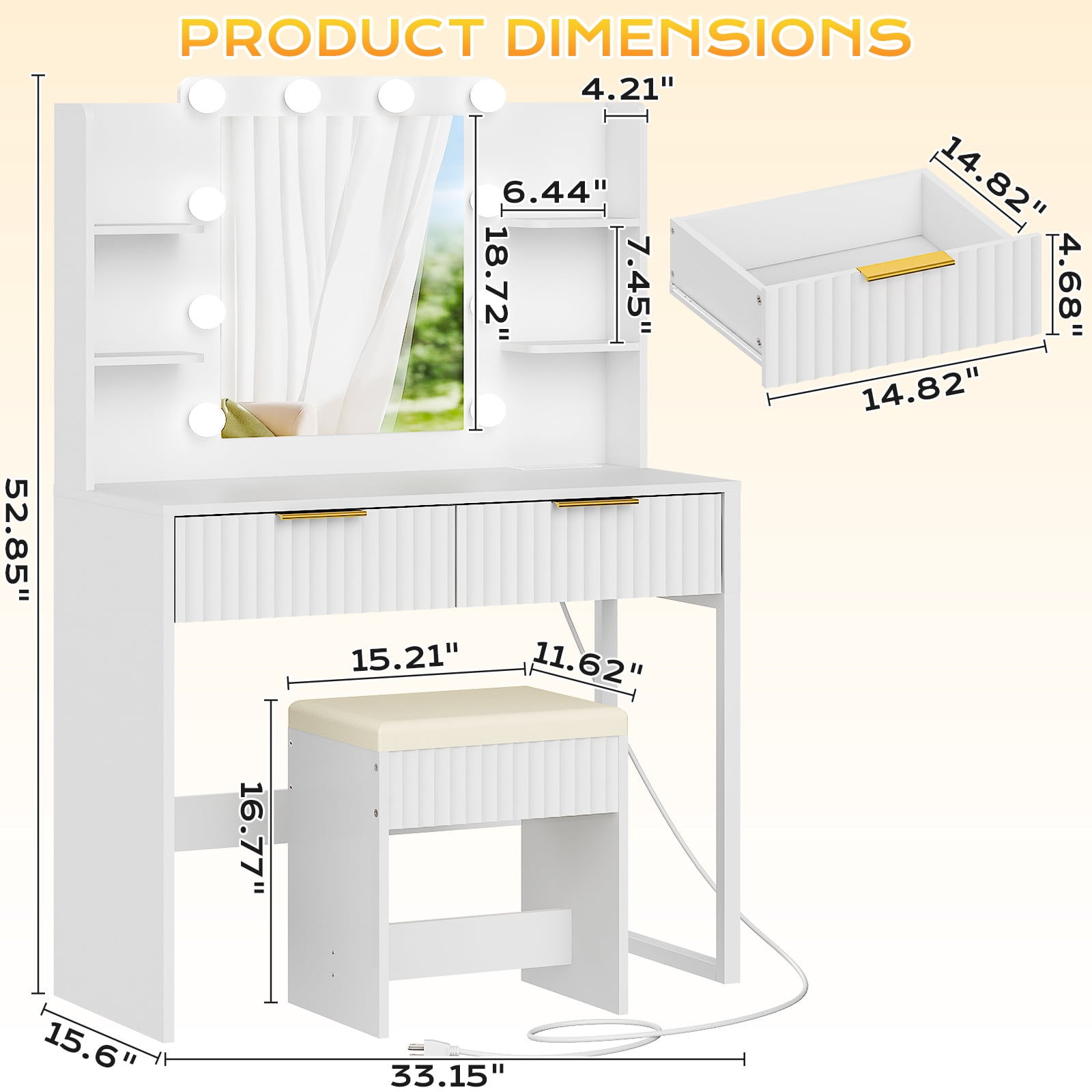 Ktaxon Lighted Makeup Vanity and Stool, White Vanity Table Set with 2 Drawer and Charging Station, Femal Gift
