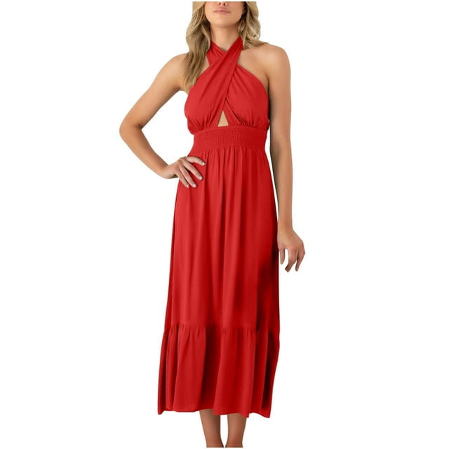 Women‘s Summer Dress Cross Halter Neck Sleeveless Solid Color Cut Out Backless Flowy A Line Maxi Dress