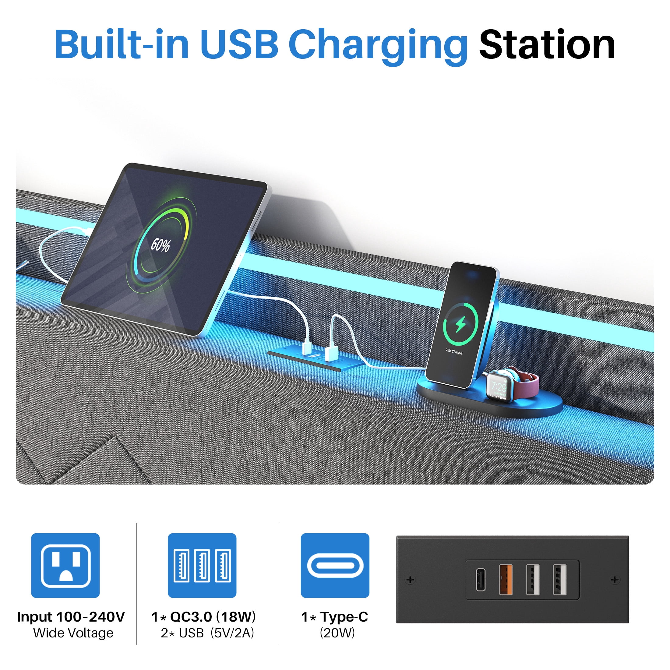 edx Upholstered King Bed Frame with Height-Adjustable Headboard, 3 USB Charging Ports, LED Light Strip & Bluetooth Controller, Gray