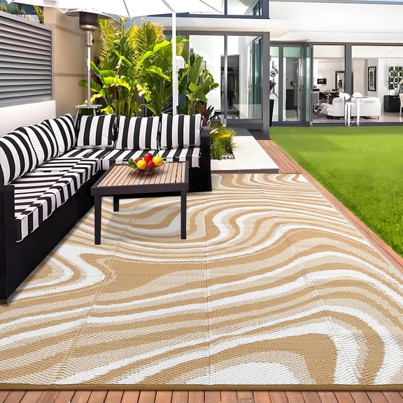 9x18 Waterproof Reversible Outdoor Patio Rug Brown Coffee White | modern,neutral,plastic straw rv,reversible,with portable bag,lightweight,foldable,for deck,porch,camping,balcony,beach,picnic
