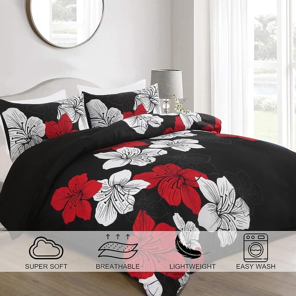 Black Comforter Set Queen Red and White Floral Comforter with 2 Pillowcases Modern Bedding Sets Lightweight Bed Set for All Season