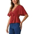 thumbnail image 4 of INSPIRE CHIC Women's Peplum Blouse Top Ruffle Sleeve Bow Tie Decor Deep V Neck Tops L Red, 4 of 6
