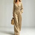 thumbnail image 3 of WULMLEO Linen 2 Piece Sets Women Boho Wrap Cross V Neck Long Sleeve Top Wide Leg Pants Set Casual Basic Outfits Fall Stretch Suits with Pockets Khaki L, 3 of 8