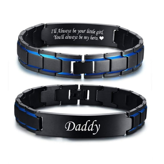 Vagzen Blue Black Personalized Stainless Steel Link Bracelet for Men Dad Wristband Adjustable