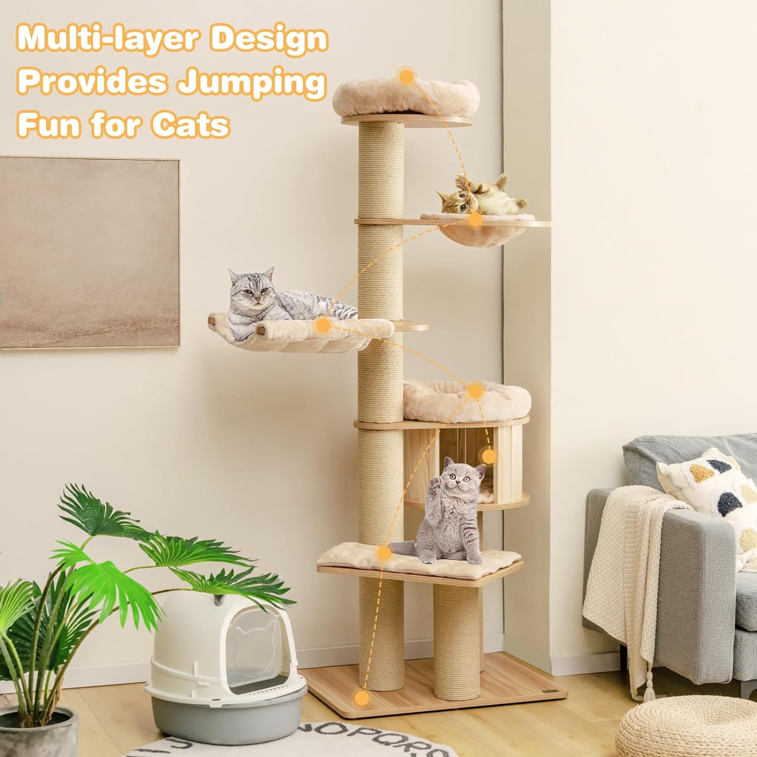 75 Inches Tall Cat Tree for Indoor Cats, Large Cat Tree Tower with Scratching Posts, Cat Condo, Hammock and Basket, Multi-Level Modern Cat Tree for Large Cats 20 lbs Heavy Duty