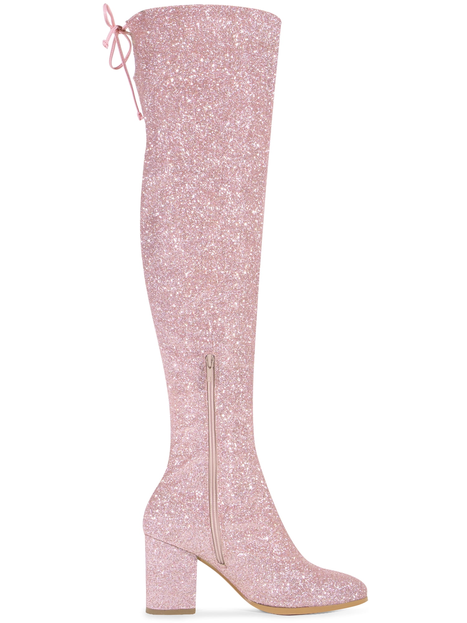 DARING DIVA Women's Glitter Round Toe Chunky Heel Over the Knee High Boots Pink 9