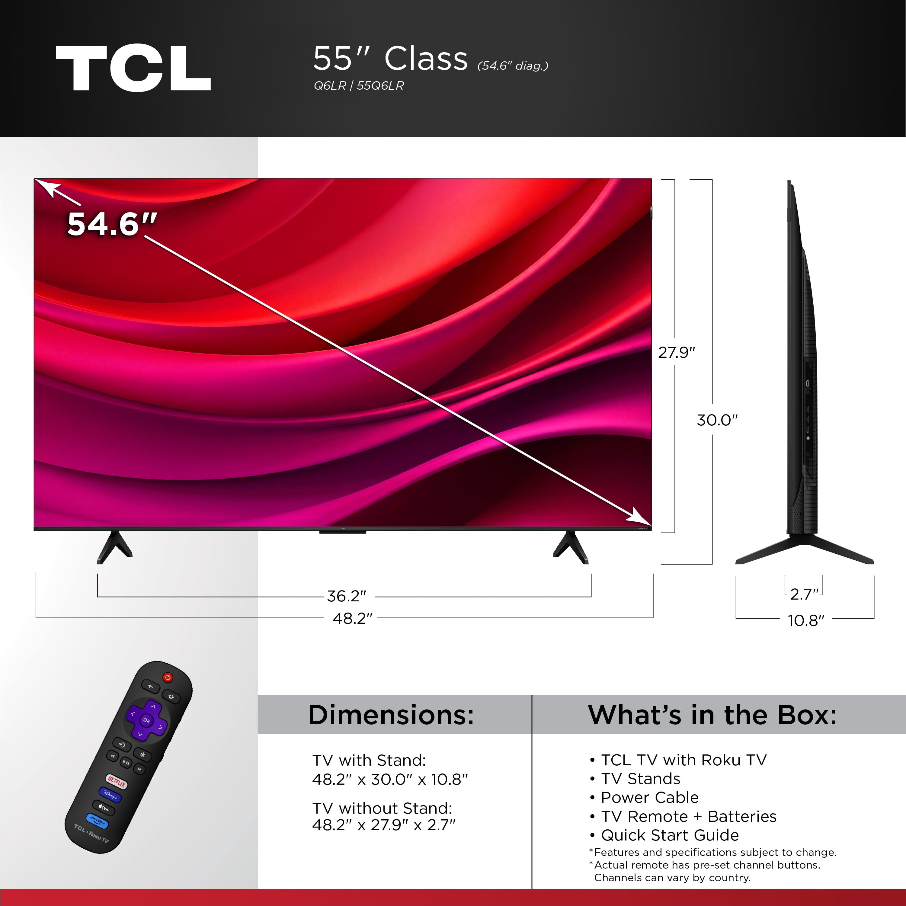 TCL 55” Class Q6LR Series QLED 4K HDR Smart Roku TV (New 2026) - High Brightness+ LED Backlight, Game Accelerator 120, Motion Rate 240 with MEMC, Voice Remote Control - 55Q6LR