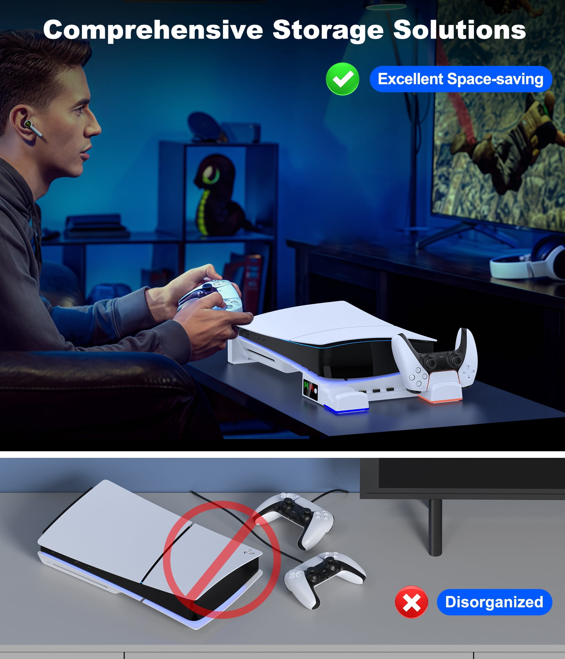 PS5 Slim Horizontal Stand Station with Controller Charger for Playstation 5 Pro/PS5 Slim Digital & Disc Console with Fast Charging
