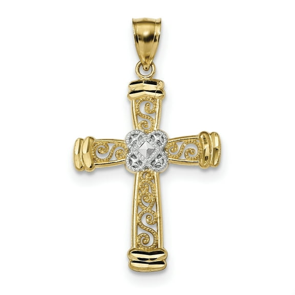 Finest Gold 14K with Rhodium Diamond-cut Filigree Cross Pendant