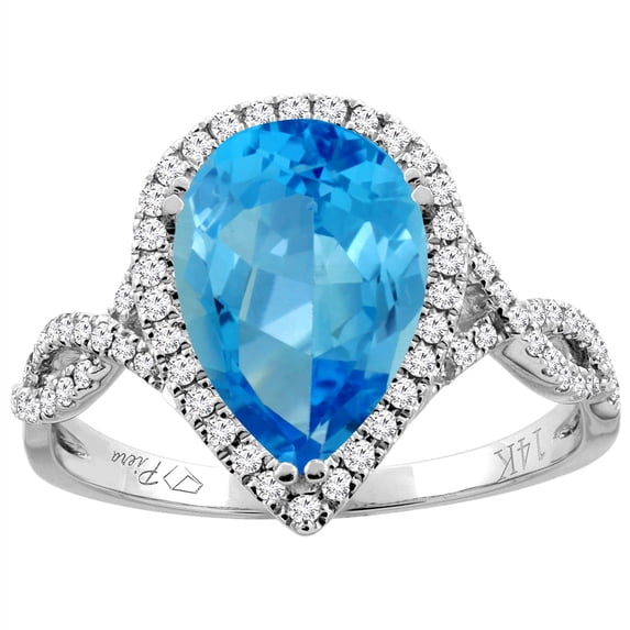 14K White Gold Natural Swiss Blue Topaz Ring Pear Shape 12x8 mm Diamond Accents, size 5