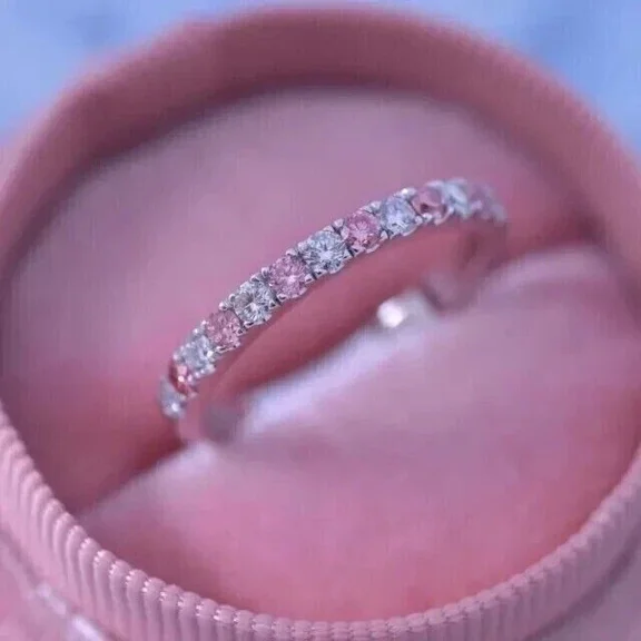 14K White Gold Plated 2Ct Round Cut Simulated Pink Sapphire Wedding Band Ring