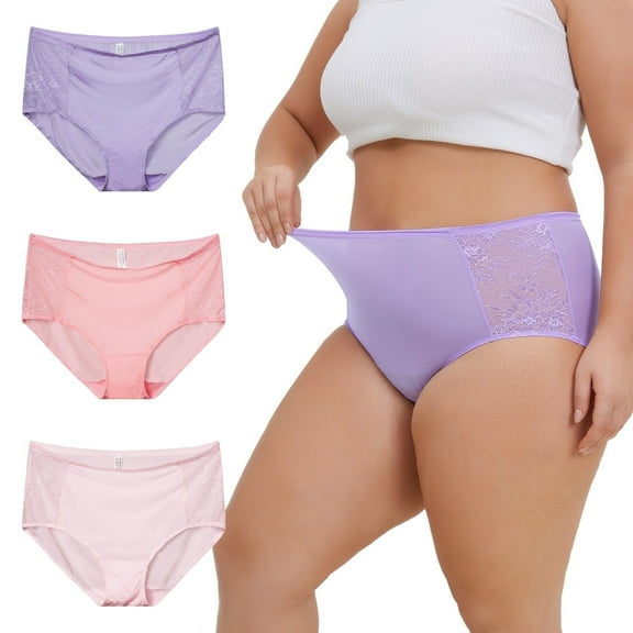 INNERSY Lace Underwear for Women Plus Size XL-4XL High Waisted Silky Stretch Briefs 3-Pack(XX-Large,Purple Blush)