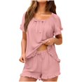 thumbnail image 2 of Delayuji Womens Two Pieces Sets Outfits Shorts and Tops Fringed Crop Edge Short Sleeve Sets Home Clothing Loungewear Sleepwear, 2 of 7