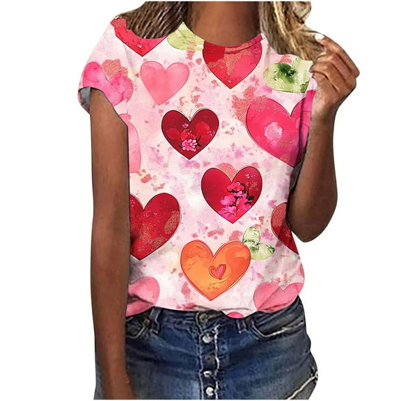 asdoklhq Valentines Day Clothes for Women Women Valentine's Day Printed Casual Printed Round Neck Multicolor 3X