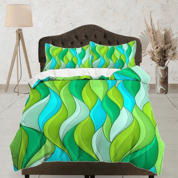 Dormitorio moderno de mediados de siglo conjunto de arte amarillo verde y azul cian funda nórdica,