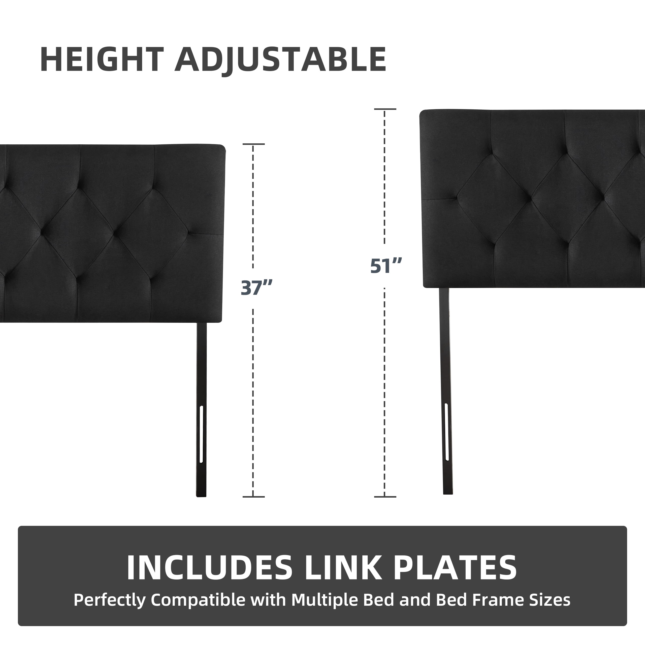Linen Upholstered Headboard Twin Size, Diamond Tufting Solid Wood Twin XL Headboard Only, Adjustable Height from 37” to 51” Head Board, Dorm Bed Frame or Wall Mount Headboards, Black