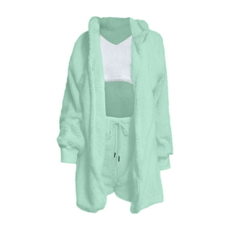 

Womens 3 Piece Pajama Hooded Sets Fuzzy Fleece Warm Soft Cardigan Top Shorts Set Comfy Pajamas Loungewear