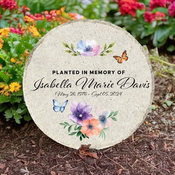 Custom Memorial Stone – “Planted in Memory” Flat Garden Marker, Sympathy Gift & Remembrance Bereavement Gift for Loss of Loved One, Floral Memorial Keepsake