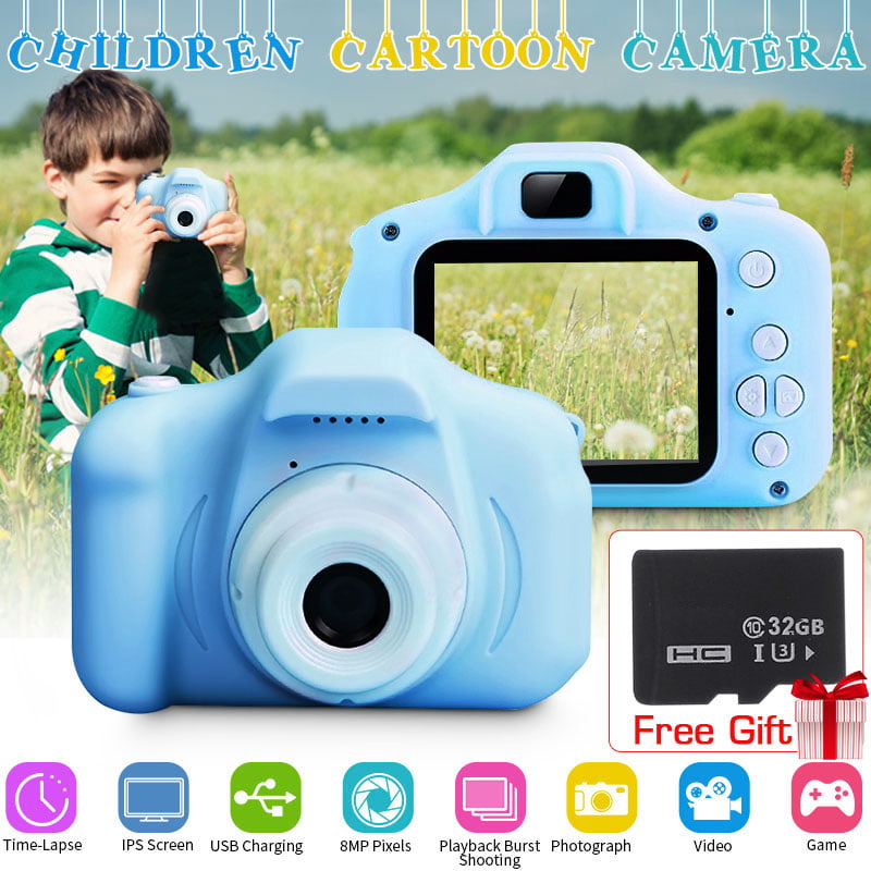 Kids Camera IPS 2 Inch Screen and 32GB SD Card Kid Action Camera Toddler Video Recorder for 3-10 Years Boys Girls Birthday Festivals Gift Light Blue 1080P Children Digital Cameras 