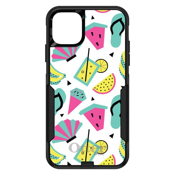 DistinctInk Case for iPhone 15 (6.1" Screen) - OtterBox Commuter Custom Black Case - Summer Graphics - Flip Flops Watermelown Lemonade