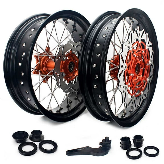 17" Supermoto Complete Wheels Set Rotors Bracket Kit for EXC SX XCW EXC-F XC SXS SXF 125 150 200 250 300 350 400 450 500 505 530 SIX DAYS CNC Billet Aluminum Orange Hub Black Rim