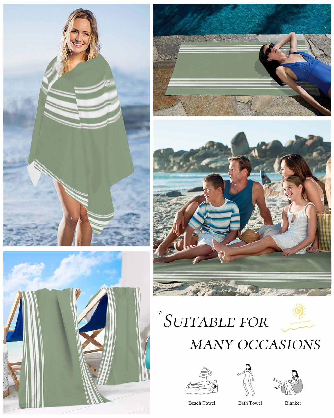 Dark Sage Green Beach Towels Oversized Super Absorbent, Farmhouse Sage Green White Striped Lightweight Bath Towel Quick Dry Sets For Bathroom/Pool/Rv Camping/Beach Play/Gym Room/Picnic 35"x70"