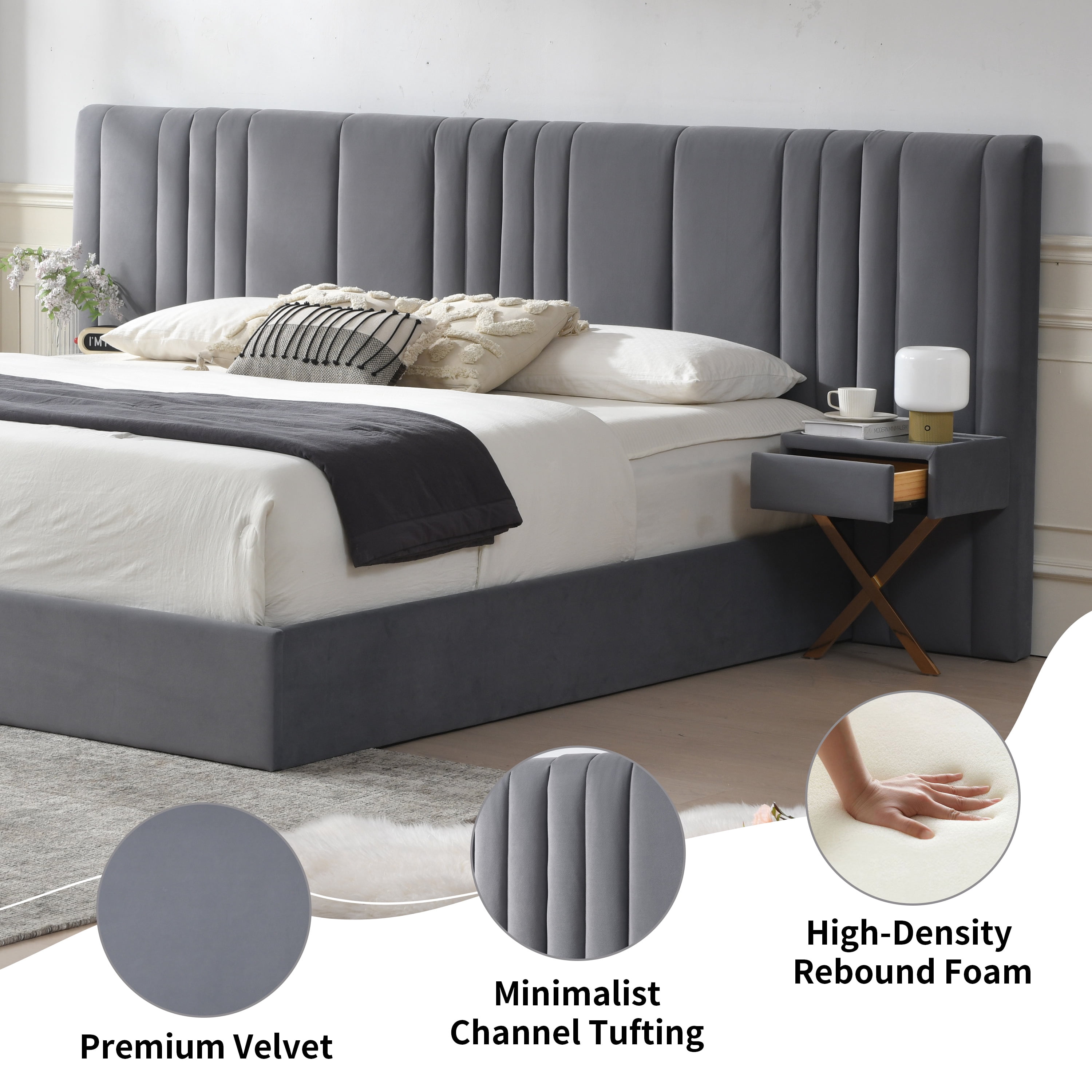 King Size Bed Frame with Built-in Nightstands, Lift Up Storage Bed with Oversize Upholstered Headboard, Luxury Bed Frame with Underneath Storage, Wood Slats Support, No Box Spring Needed, Gray