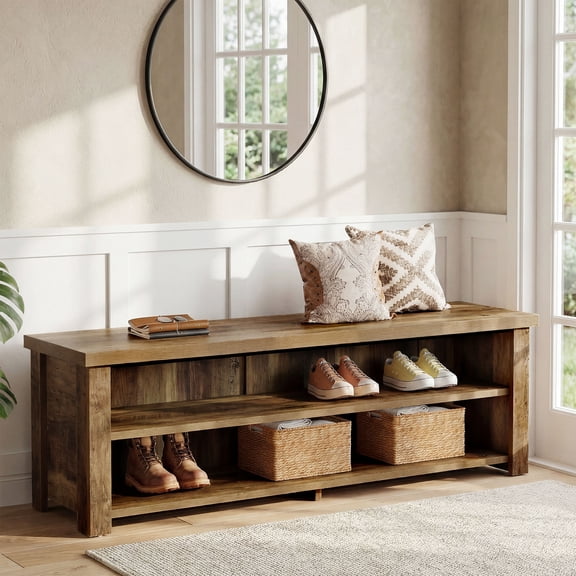 Finmind Entryway Bench with Storage, 55.12 inch Farmhouse Shoe Storage Bench with 2-Tier Shelves for Entryway, Hallway, Rustic Brown