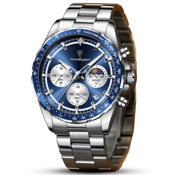 Poedagar Men's Chronograph Quartz Wristwatch, Stainless Steel Strap, Waterproof Luminous Function