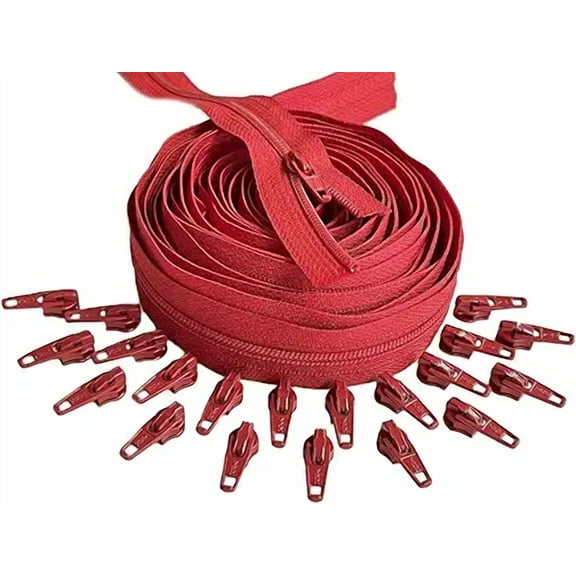 #3 YKK Nylon Coil Continuous Zipper Chain by The Yard Make-A-Zipper 5 Yards with 20 Automatic Lock Zipper Pulls Same Color for DIY Sewing Crafts or Bags (Red #519)
