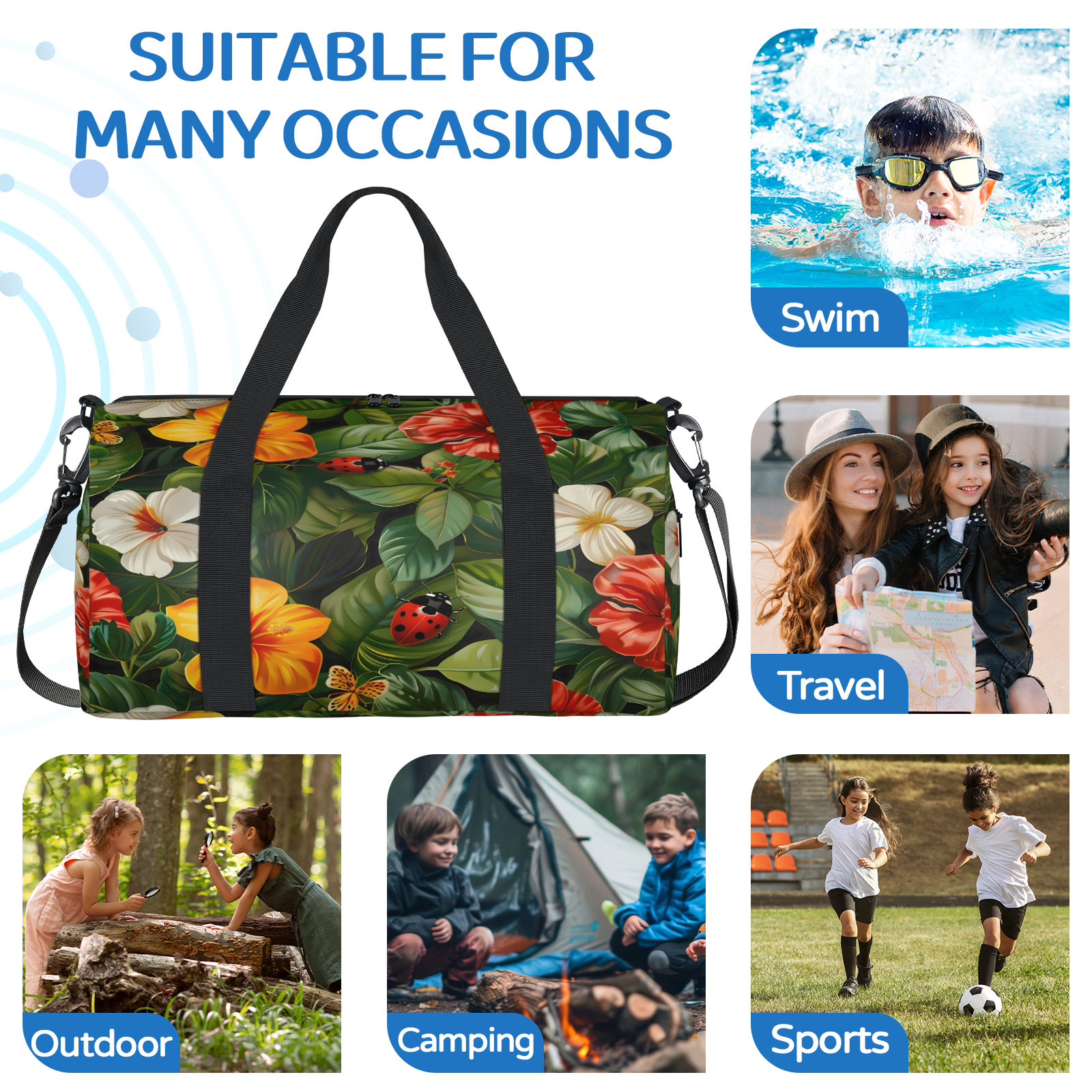 Herdesigns Ladybugs Tropical Floral Leaf Gym Bag for Women, Duffle Bag for Travel Sport, Lightweight Waterproof Carry on Weekender Overnight Dance Yoga Workout Bags