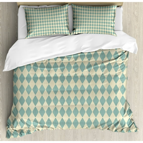 Geometric Queen Size Duvet Cover Set, Rhombus Pattern with Retro Design Inspirations Vintage Argyle Arrangement, Decorative 3 Piece Bedding Set with 2 Pillow Shams, Teal and Beige, by Ambesonne