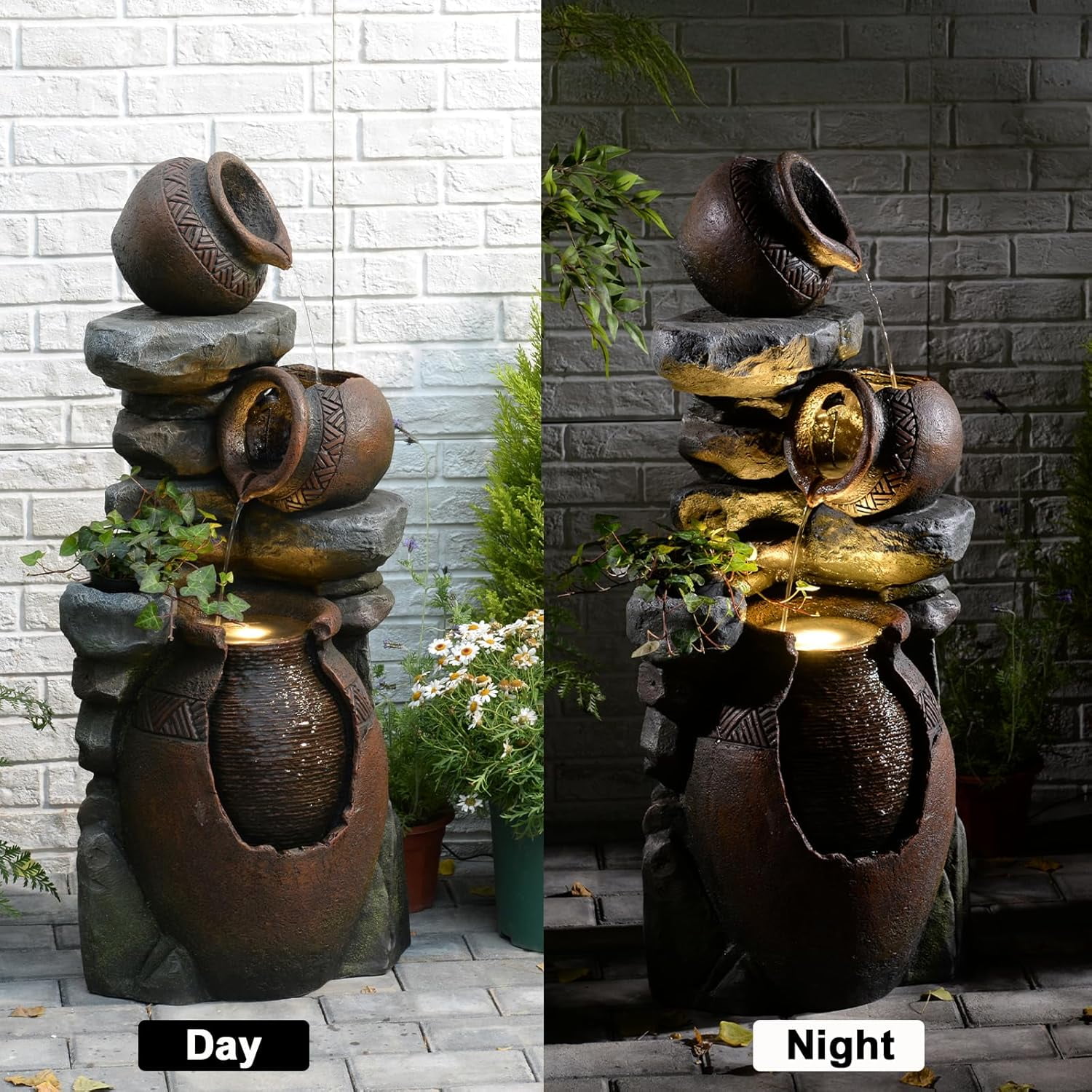 Garden Water Fountain Outdoor Decor - 38.4" 3 Tier Standing Cascading Waterfall Outdoor Water Fountain with LED Lights & Pumps,Natural Design for Garden,Patio, Porch, Backyard, Home Art Decor