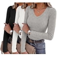 thumbnail image 3 of Zeagoo Women Long Sleeve Basic Tee 3 Pack Fall V Neck Casual T-Shirt Ribbed Slim Fit Tops, 3 of 6