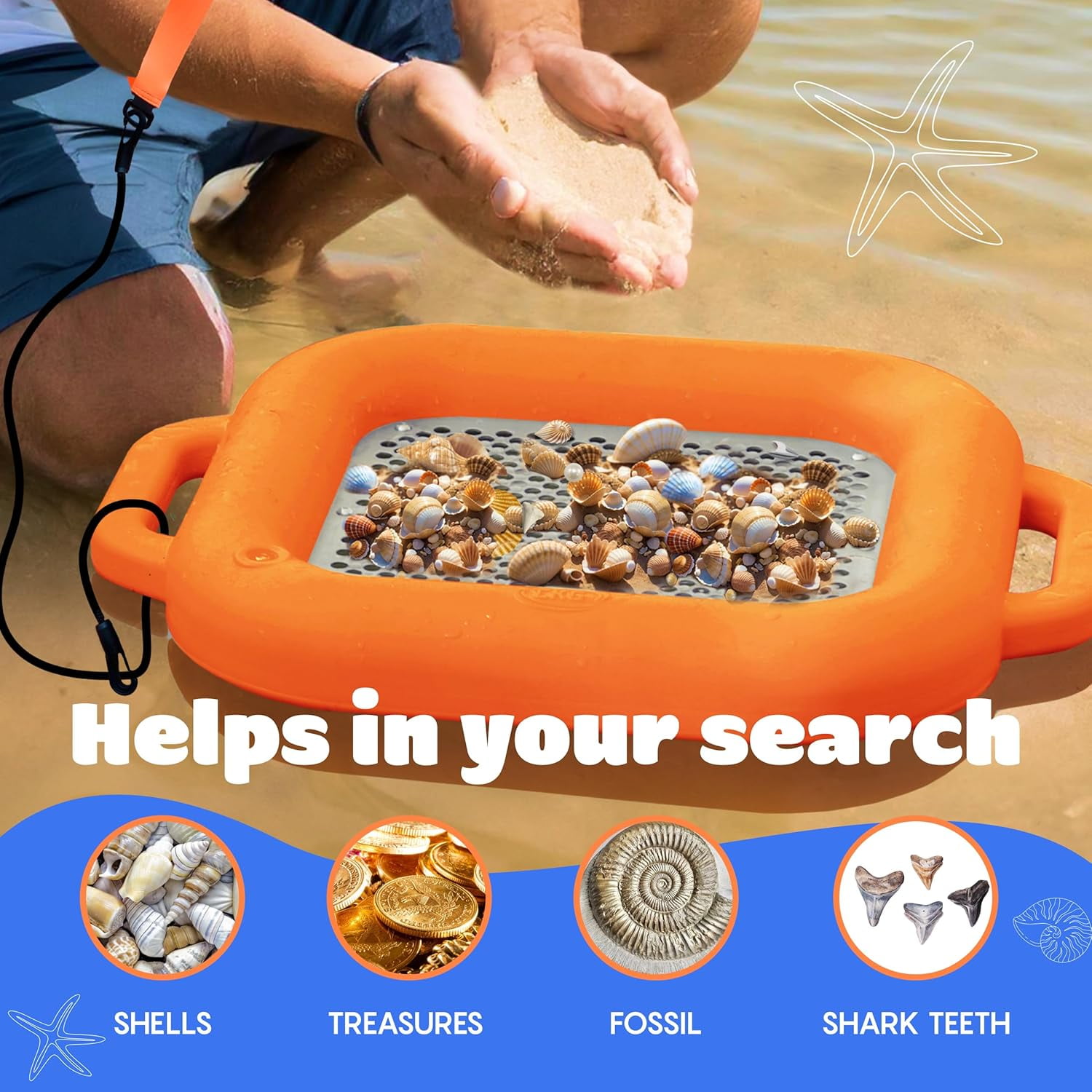 CKG Floating Shark Tooth Sifter for Fossil Hunting and Shark Teeth, Sand Sifter for The Beach with Stainless Steel Mesh & Durable Plastic and Wrist Strap, Orange Color