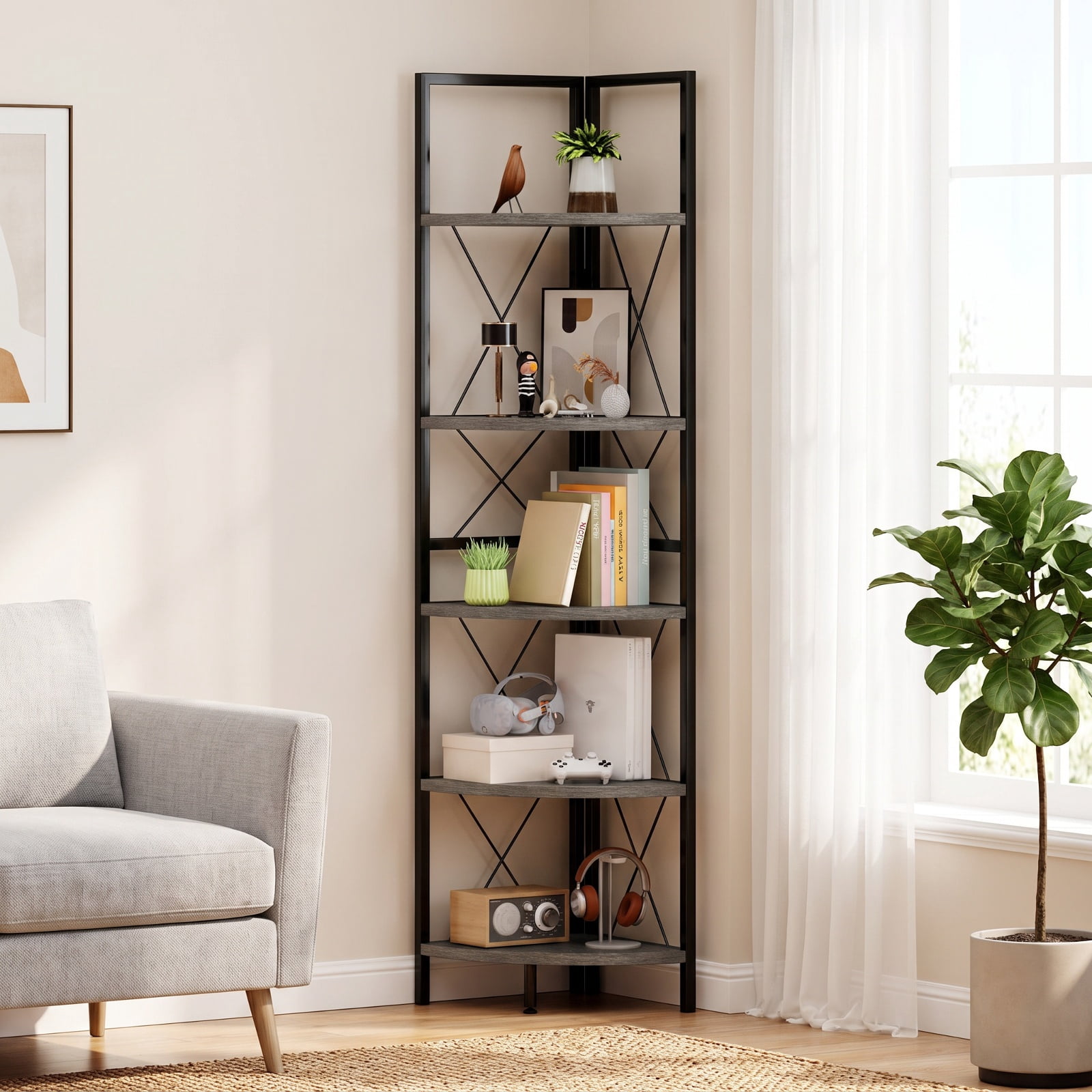 Furnibear 5-Tier Freestanding Corner Shelf 63 Inch Tall Storage Rack for Living Room Home Office Bedroom Display Storage Shelf, Oak