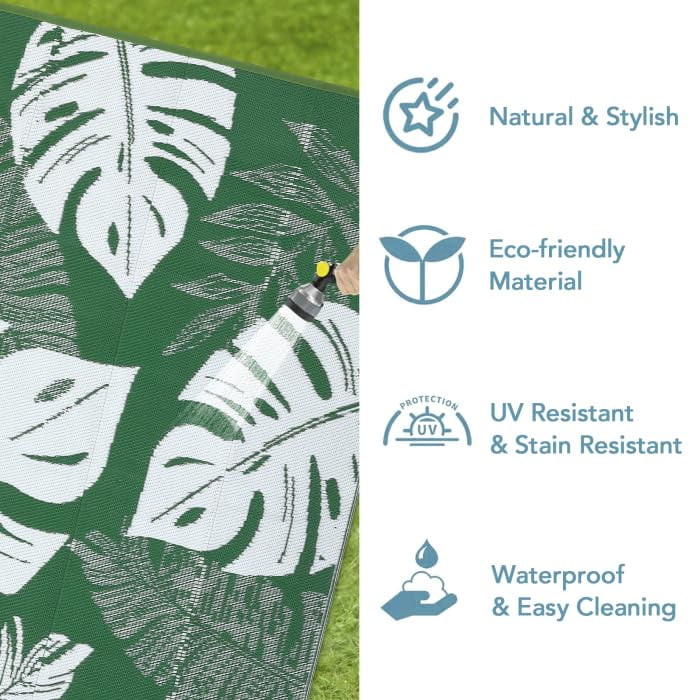 Ataucjin Large Outdoor Rug,8*12ft Waterproof Plastic Straw Rug, Modern Tropics Palm Leaves Camping Rug for Patio, Reversible Mat for Outside Patio RV Porch Deck Balcony