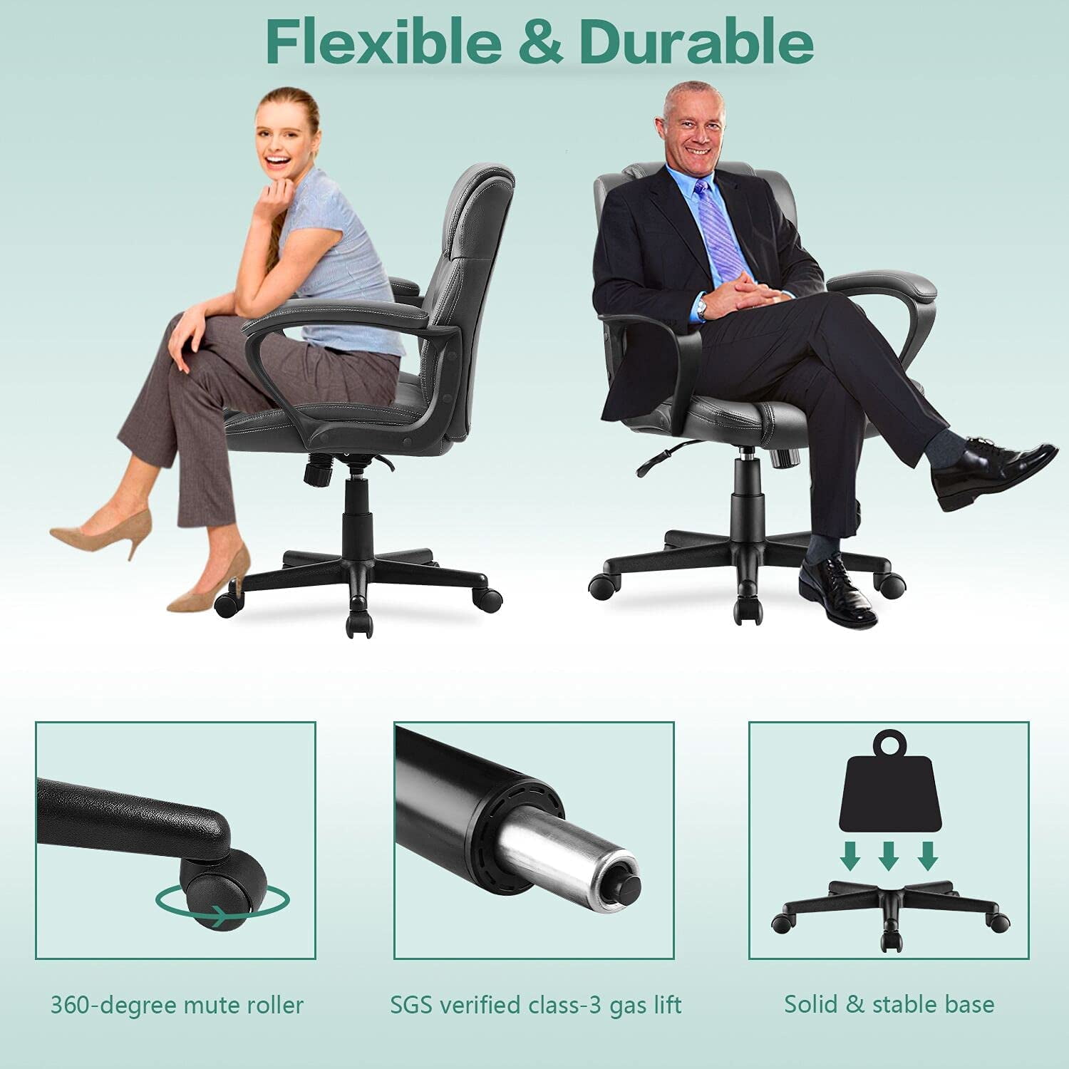 Lacoo Faux Leather Mid-Back Executive Office Desk Chair with Lumbar Support, Gray