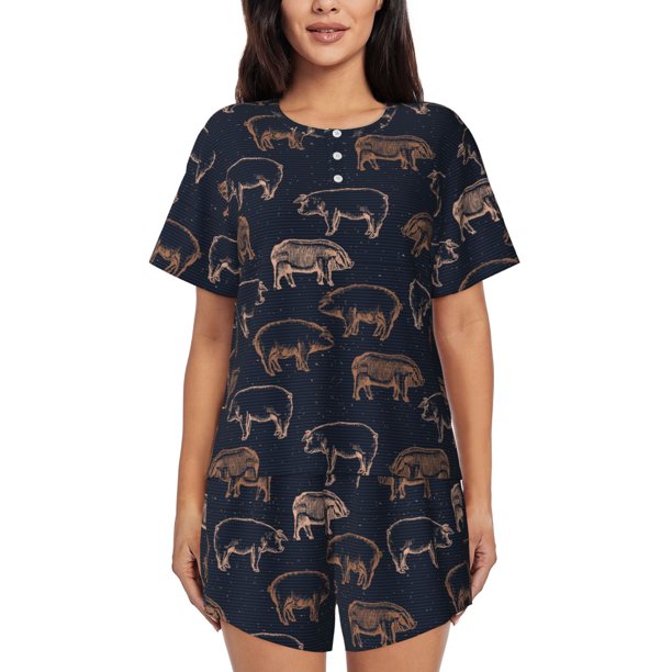 Fotbe Pig Farm Conjunto de Pijama Estampado para Mujer, 2 Piezas, Ropa de Dormir con Camiseta de Manga Corta y Shorts Suaves-XX-Large