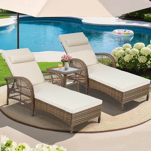 MEETWARM 3 Pieces Outdoor Wicker Chaise Lounge Chair Set, All-Weather PE Rattan Cushioned Patio Lounger Set of 2 with Side Table, Adjustable Pool Sunbathing Recliner with Armrest & Pillow, Beige