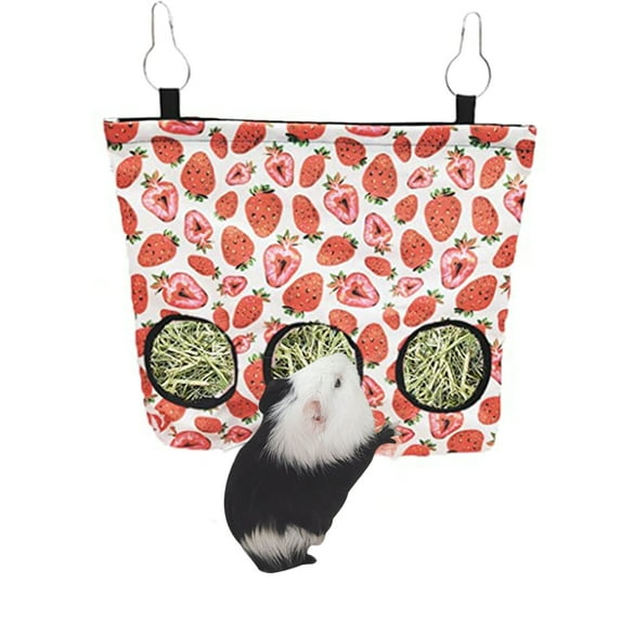 Feelers Pet Rabbit Feeder Bag Hay Feeder Bag for Guinea Pig, Hanging Hay Feeding Bag for Small Animals (Strawberry, L, Three Holes)