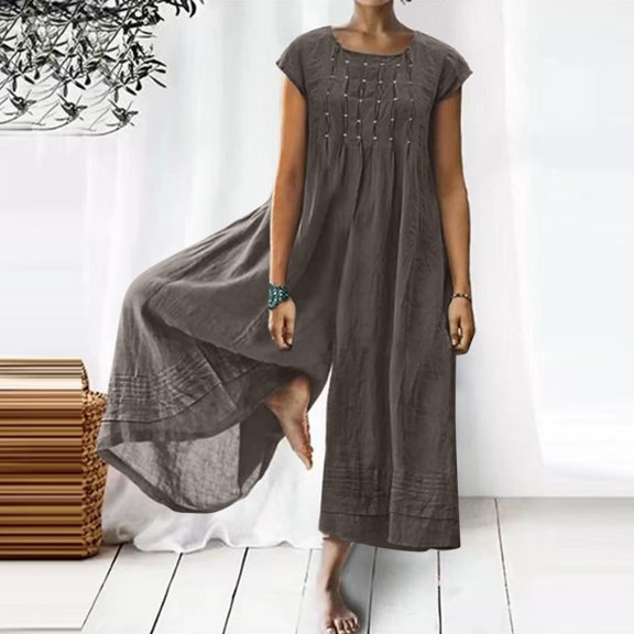 Aayomet Bodysuit For Women Jumpsuit Women Solid Long Rompers Short Sleeve Round Neck Zippered Loose Jumpsuit,Brown S