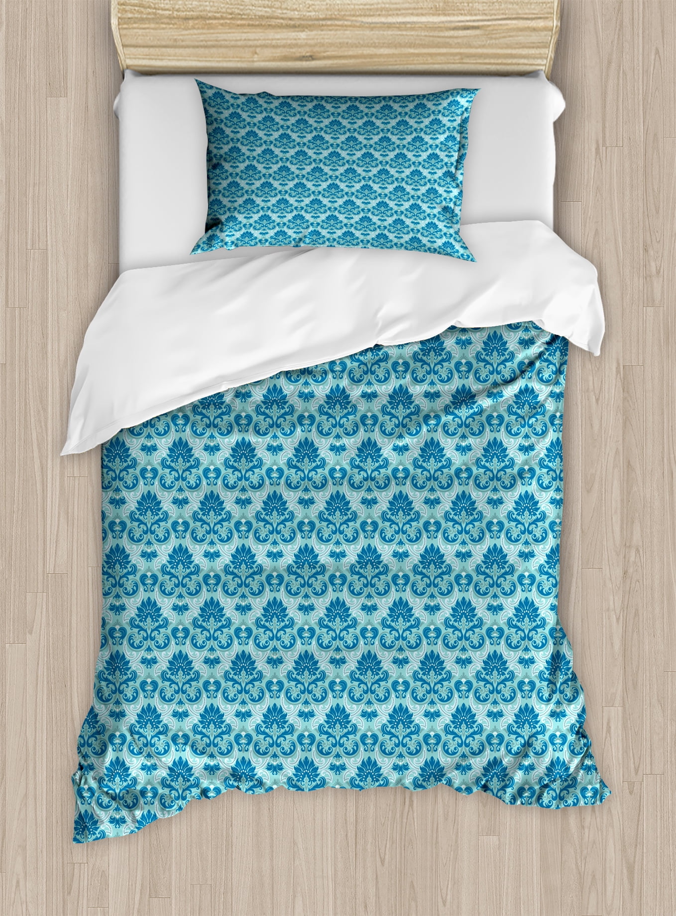 Damask Duvet Cover Set Blue Colored Pattern With Western Style