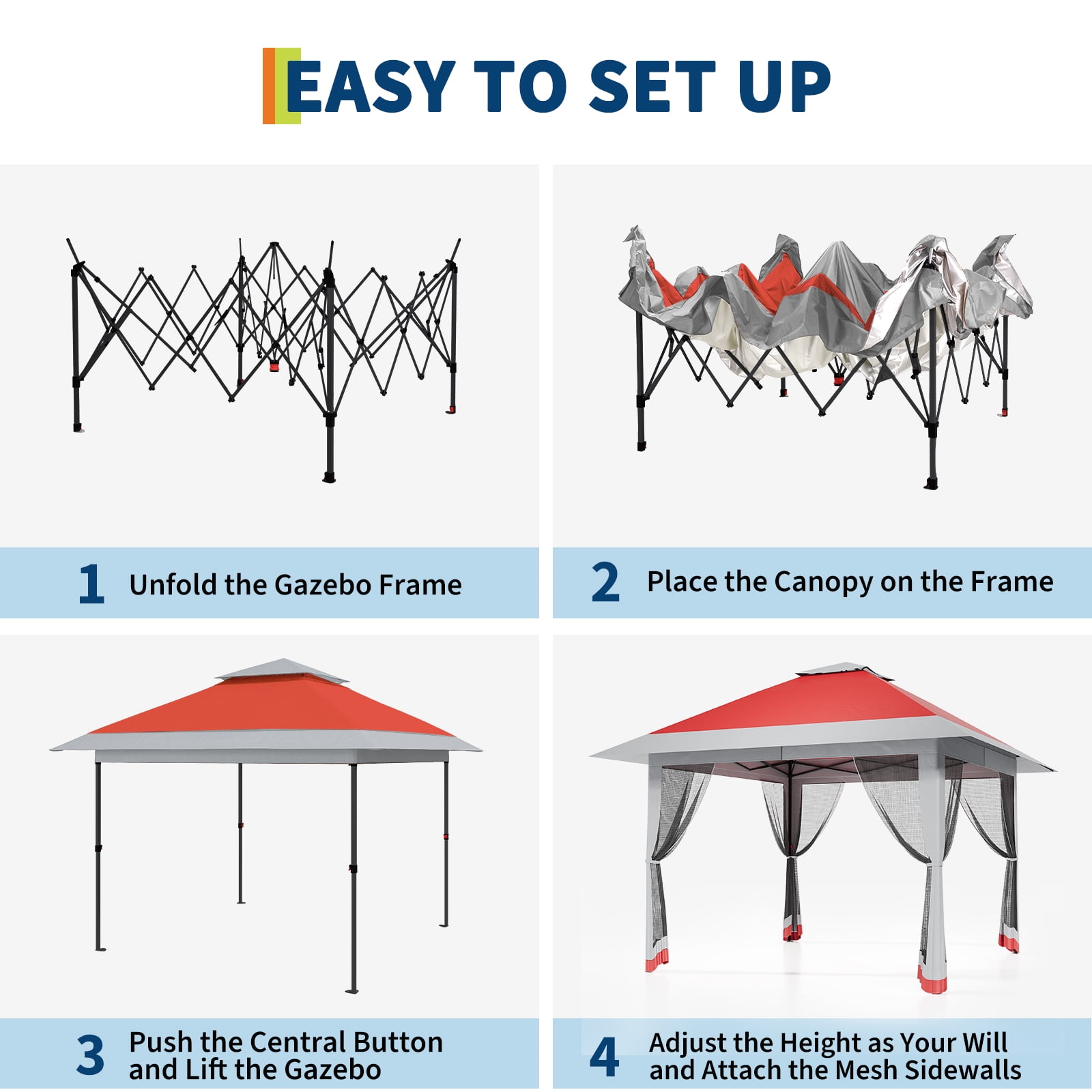 COZONY 13x13 FT Gazebo with Mosquito Netting, Adjustable Height Outdoor Canopy Tent, Double Roof UV Resistant Shelter for Patio Backyard Garden, Red