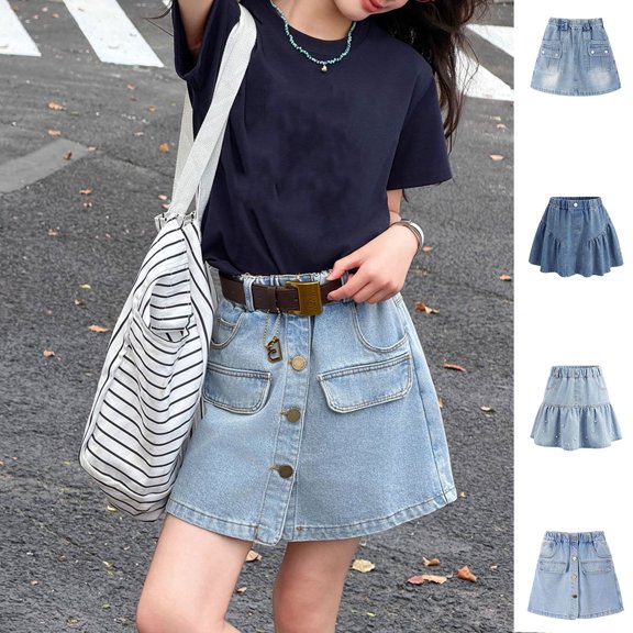 Girls Denim Skirt High Waist A-Line Jean Skirt Knee Length Trendy Jeans Skorts Summer Outfits for Girls (1-Blue 7-8)